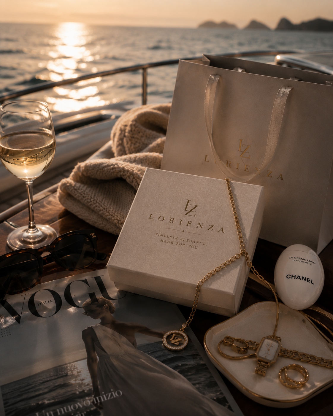 Lorienza jewelry at sunset on the yacht